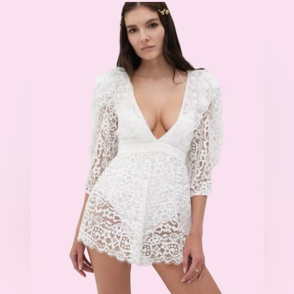 For Love And Lemons White lace romper puff sleeves w/satin bodysuit size XL
